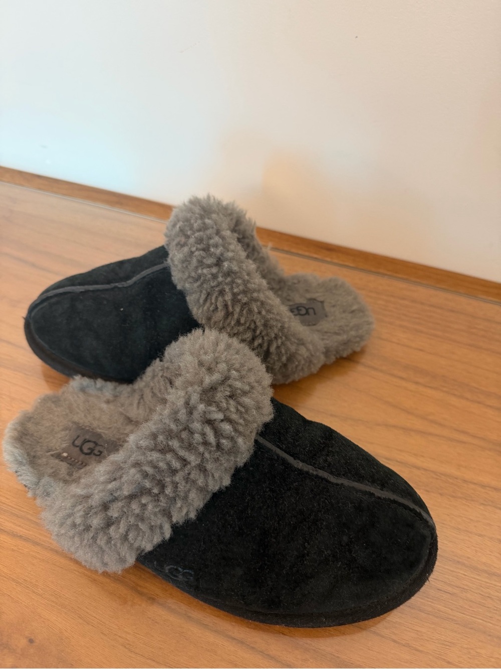 UGG Kids Black Suede Slipper with Gray Shearling Collar